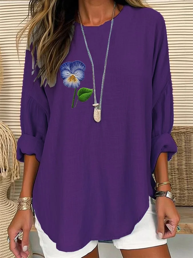 Women's Purple Floral Loose Long Sleeve Crew Neck Top