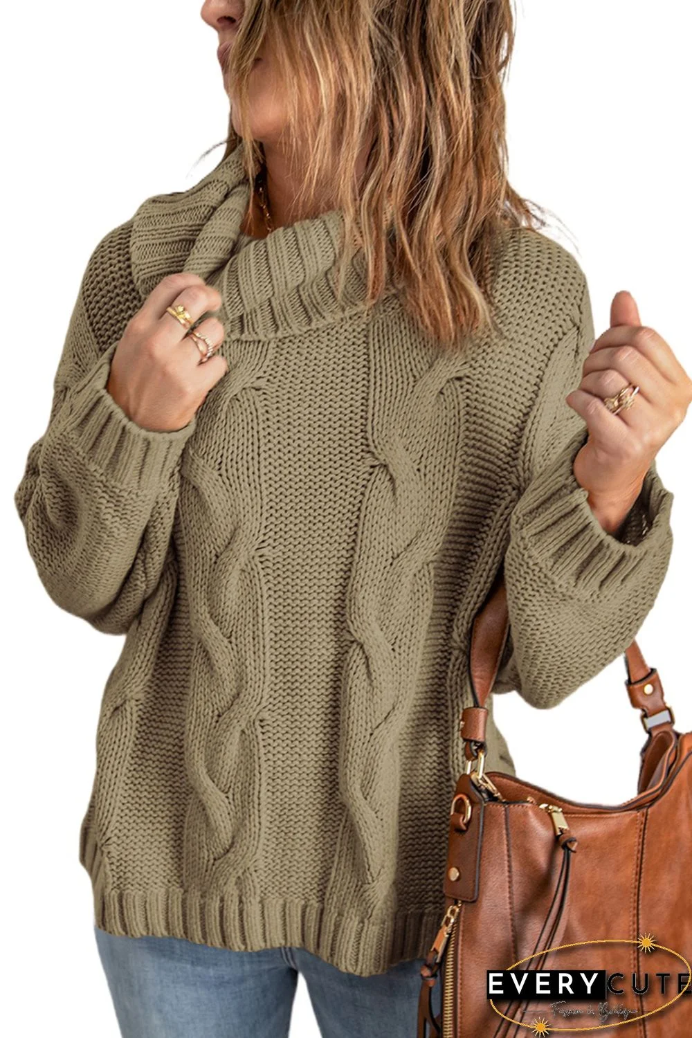 Khaki Solid Turtleneck Cable Knit Pullover Sweater