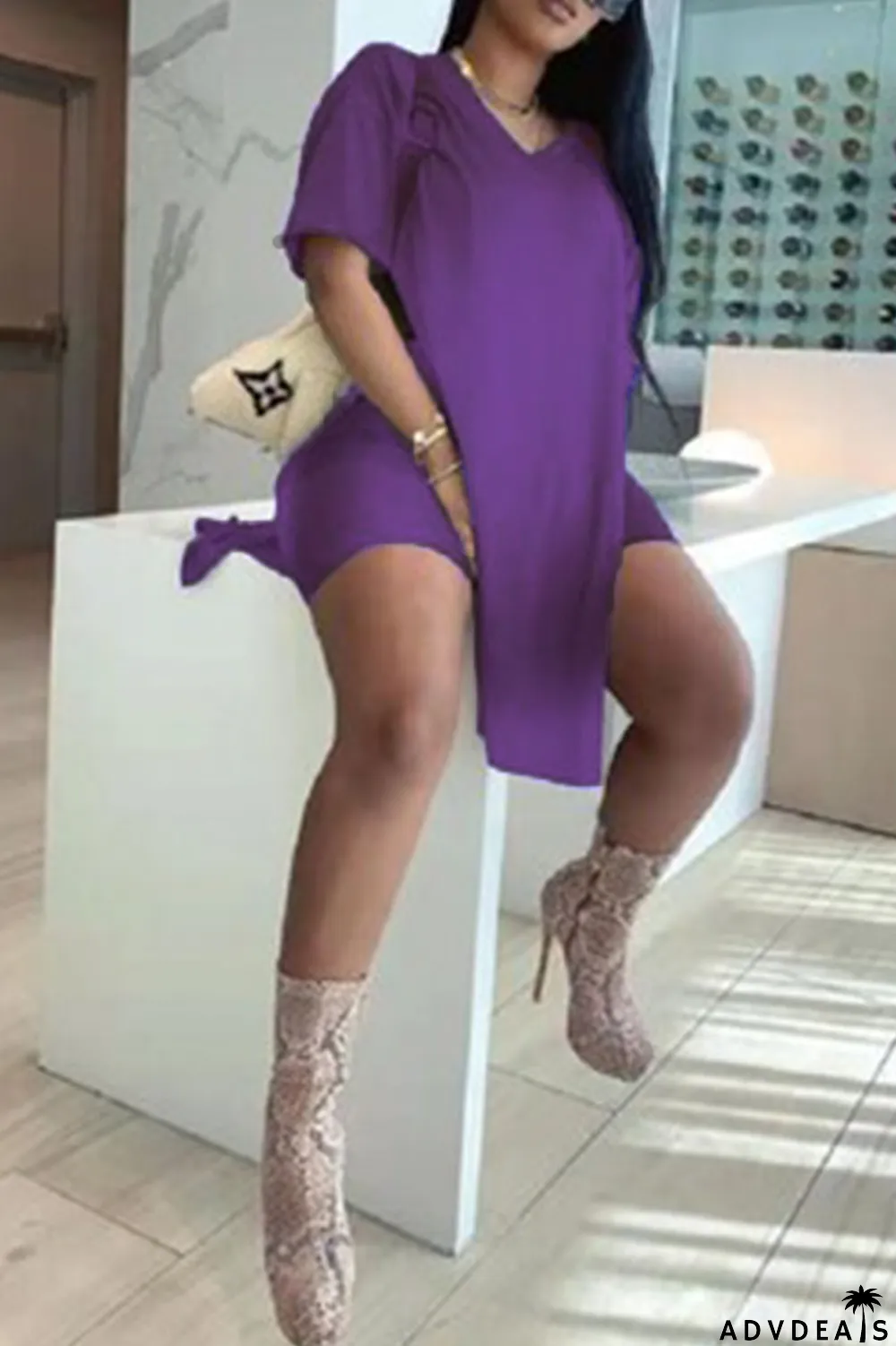 Rose Red Sweet Solid Slit V Neck Plus Size Two Pieces