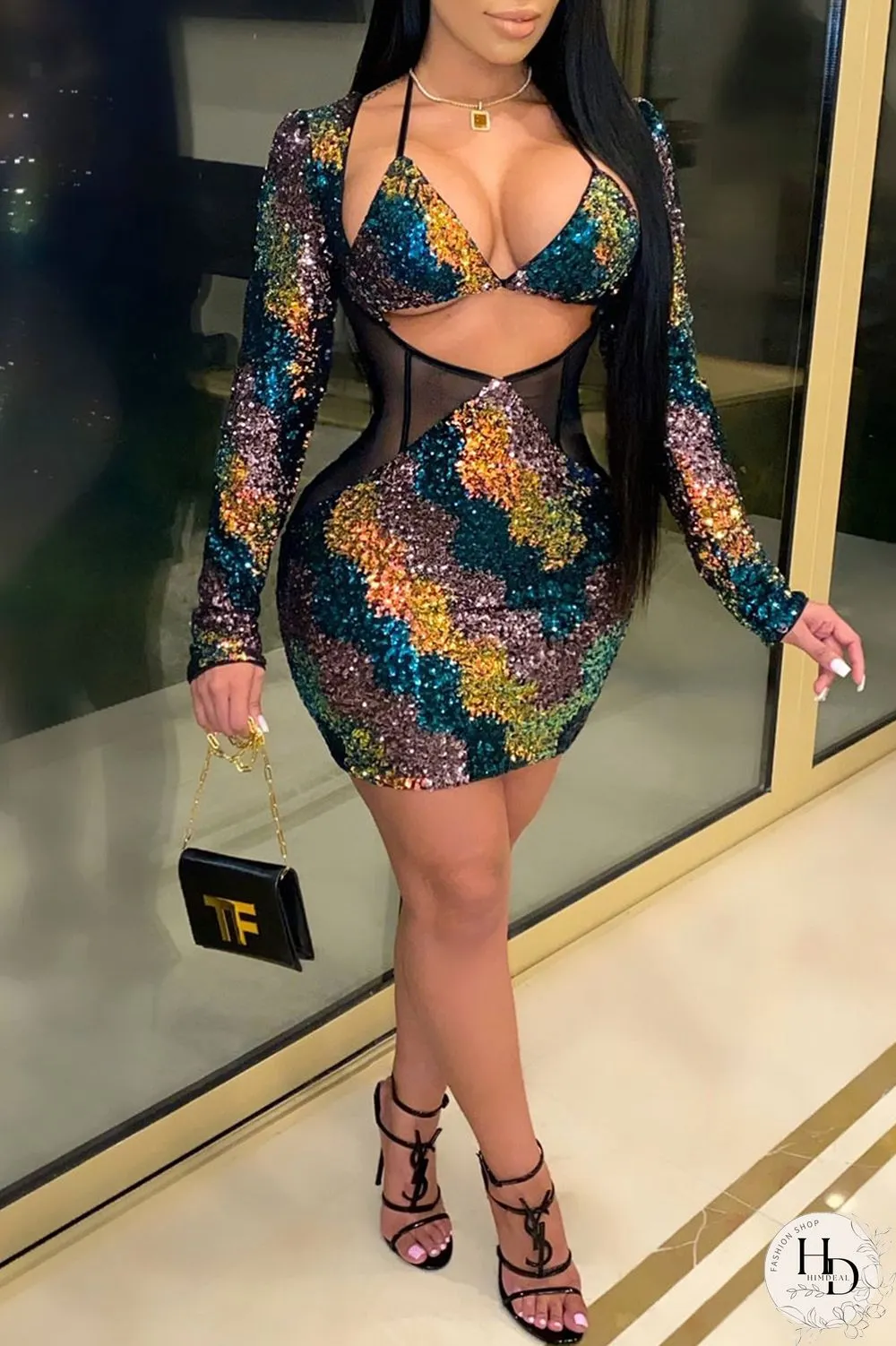 Gold Sexy Hollowed Out Sequins Split Joint Halter One Step Skirt Dresses