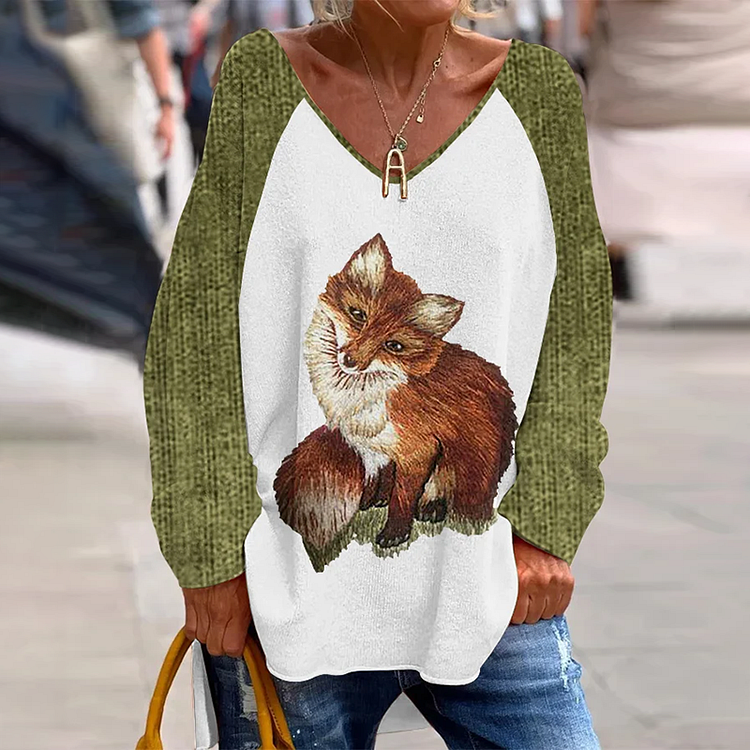 Women's Fox Print V-Neck Loose T-Shirt