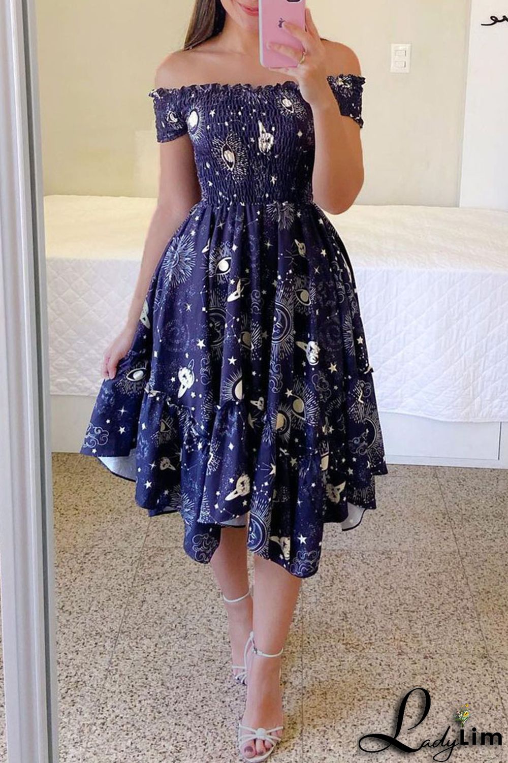 Red Casual Sweet Print Split Joint Fold Asymmetrical Off the Shoulder Irregular Dress Dresses