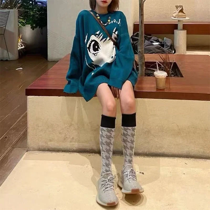 M-XXL Oversize Anime Y2K Kawaii Black/Green Long Sleeve Knitted Sweater BE570