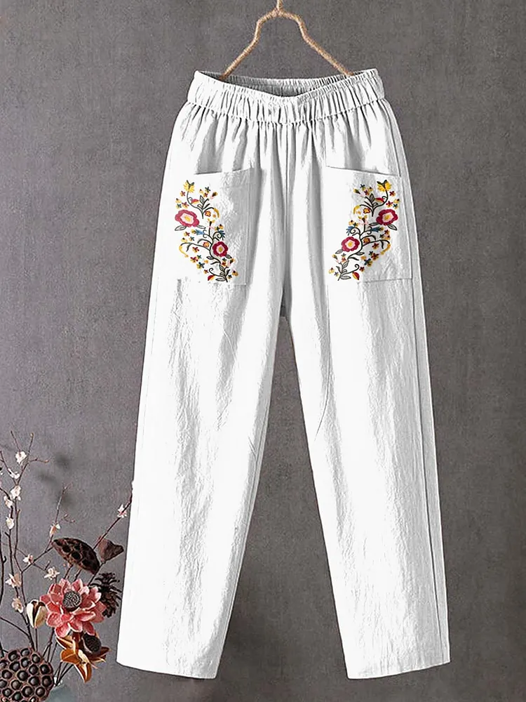 Women's Vintage Floral Art Printed Cotton And Linen Casual Pants