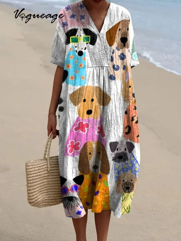 Women's Colorful Fun Cartoon Puppy Print Casual Cotton And Linen Dress