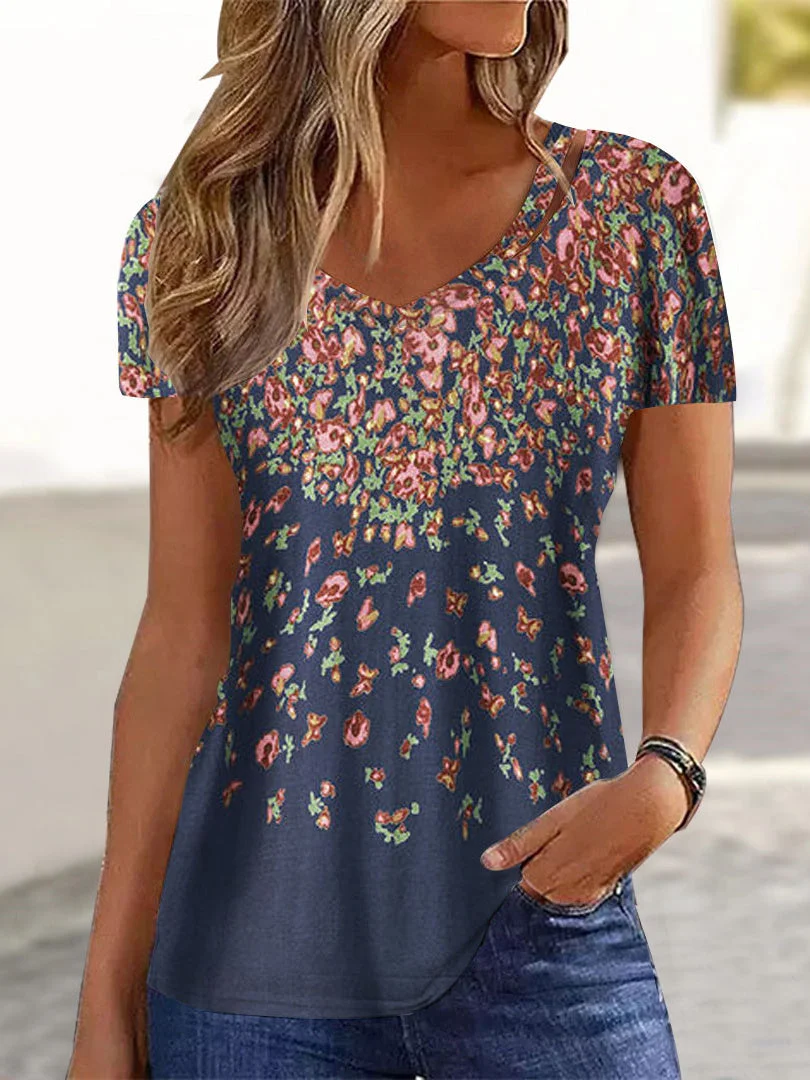 Women's Floral Printed Hollow Short Sleeve V-neck Top