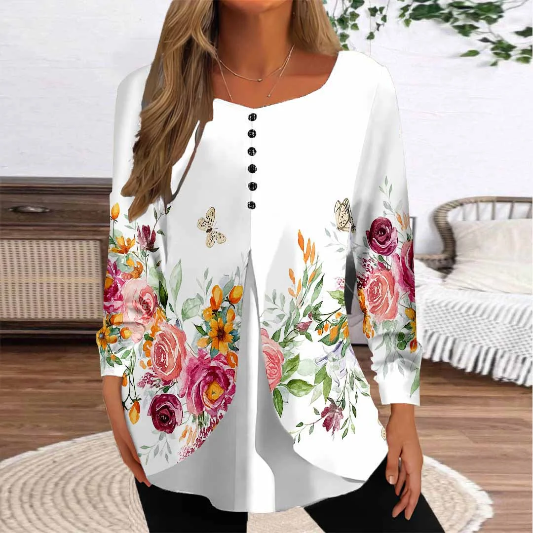 Women Floral,White DZGG8296 Long Sleeve Scoop Neck Printed Graphic Button Fake 2in1 Tops