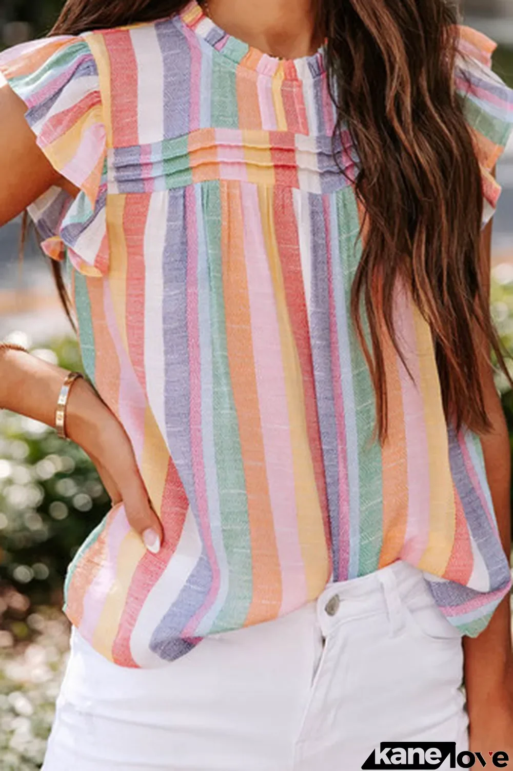Multicolor Striped Color Block Ruffled O-neck Sleeveless Top
