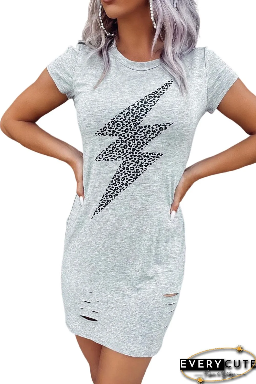 Gray Distressed Leopard Lightening Graphic T-shirt Dress