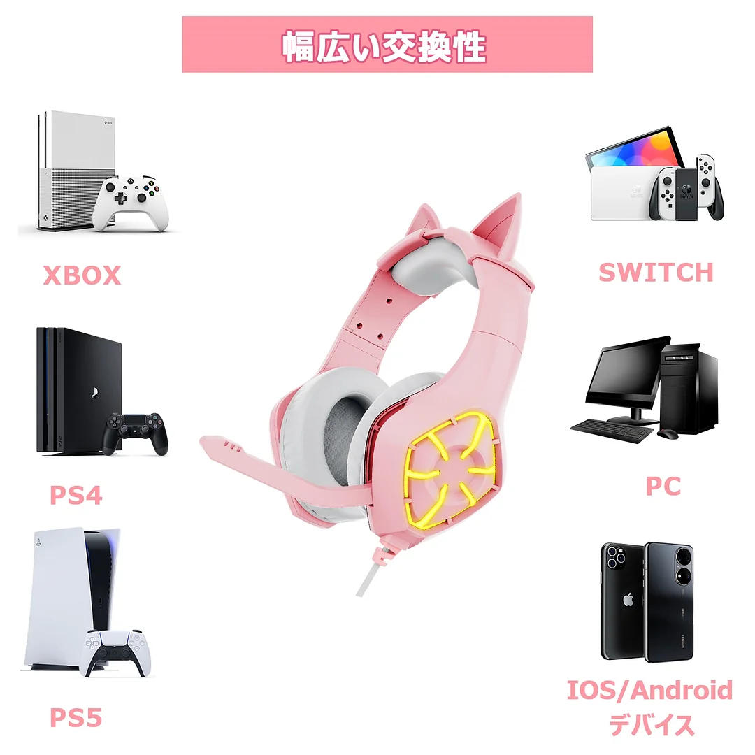 Gaming Headset with Microphone, Removable Cat Ear Surround Sound Headphone, Over-Ear Gaming Headphones with LED Light, Compatible with PC, PS4, PS5 for Girls Women (Pink)