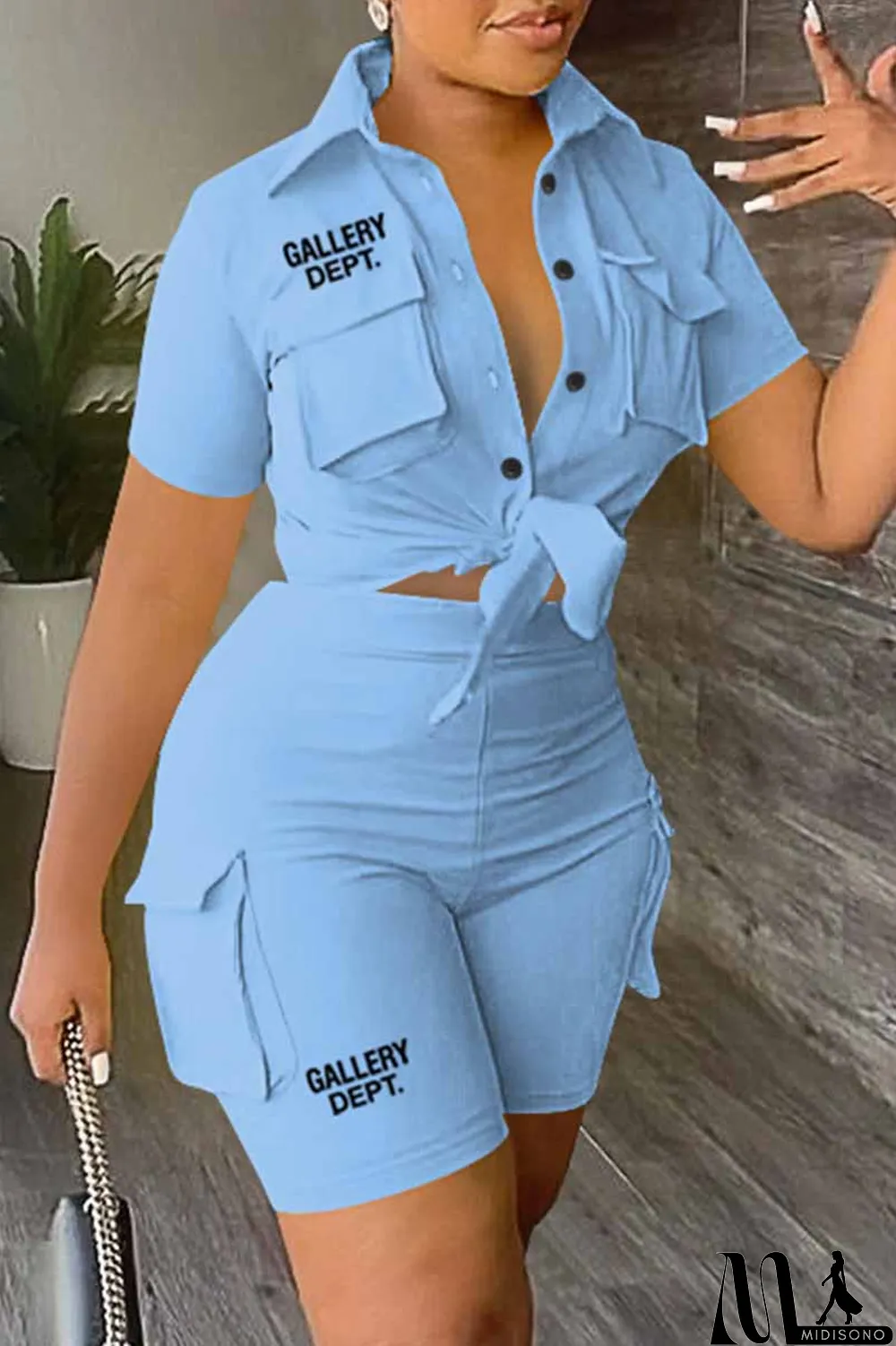 MidiSono - Sky Blue Casual Street Print Letter Turndown Collar Short Sleeve Two Pieces