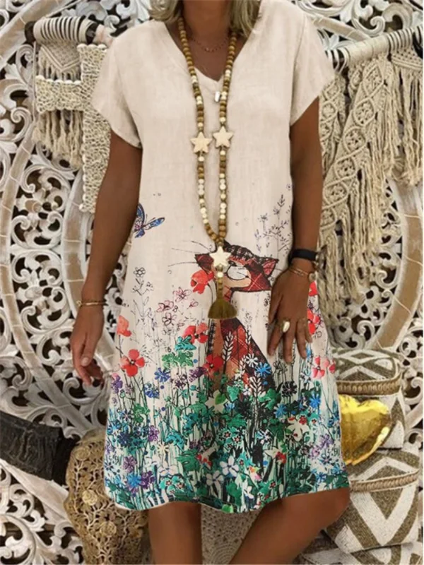 V-Neck Short-Sleeve Cat Printed Dress