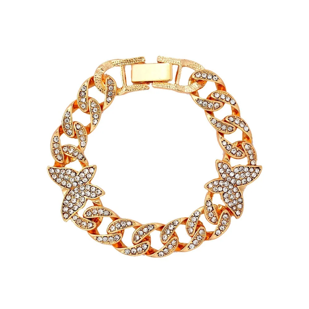 Statement Cuban Link Butterfly Bracelet Gold Silver Color Crystal Bracelet for Women Cuban Chain Rhinestone Bracelet Jewelry