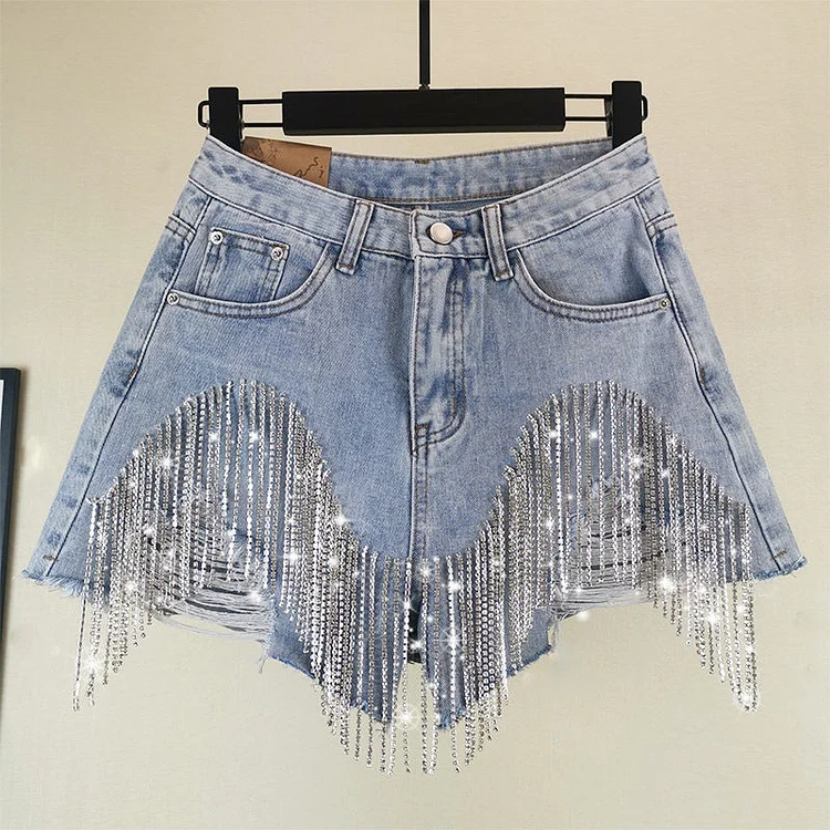 High Waisted Tassel Chain Denim Shorts