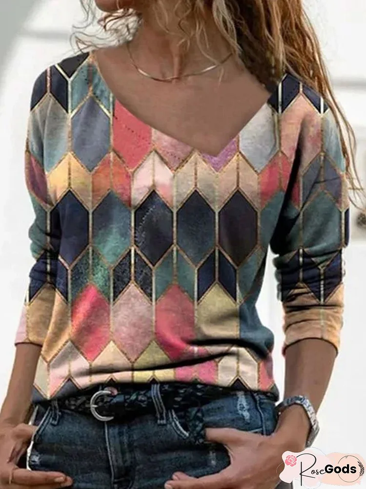 Color Block Casual V-Neckline Long Sleeve Blouses