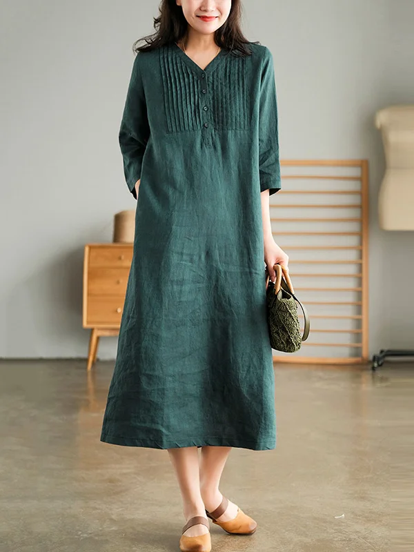 Minimalist Pure Color Pleats V-Neck Midi Dress
