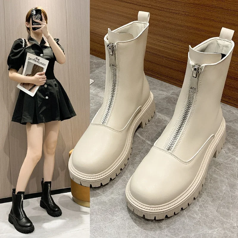 New Front Zipper Chunky Platform Women's Boots Solid Black Beige Boots Women Round Toe High Heel Ankle Boots for Women Eu 35-40