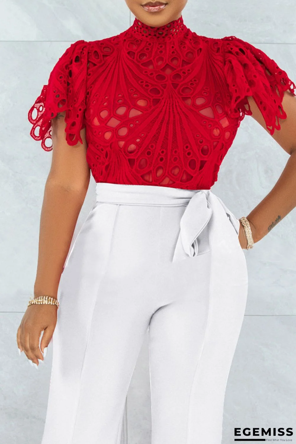 Red Street Solid Hollowed Out Patchwork Half A Turtleneck T-Shirts | EGEMISS