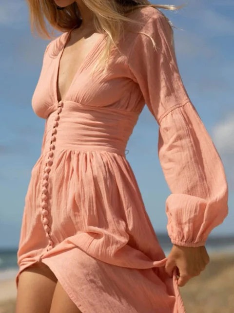 Retro Solid Color Temperament V-neck Waist Pleated Loose Temperament Long-sleeved Dress