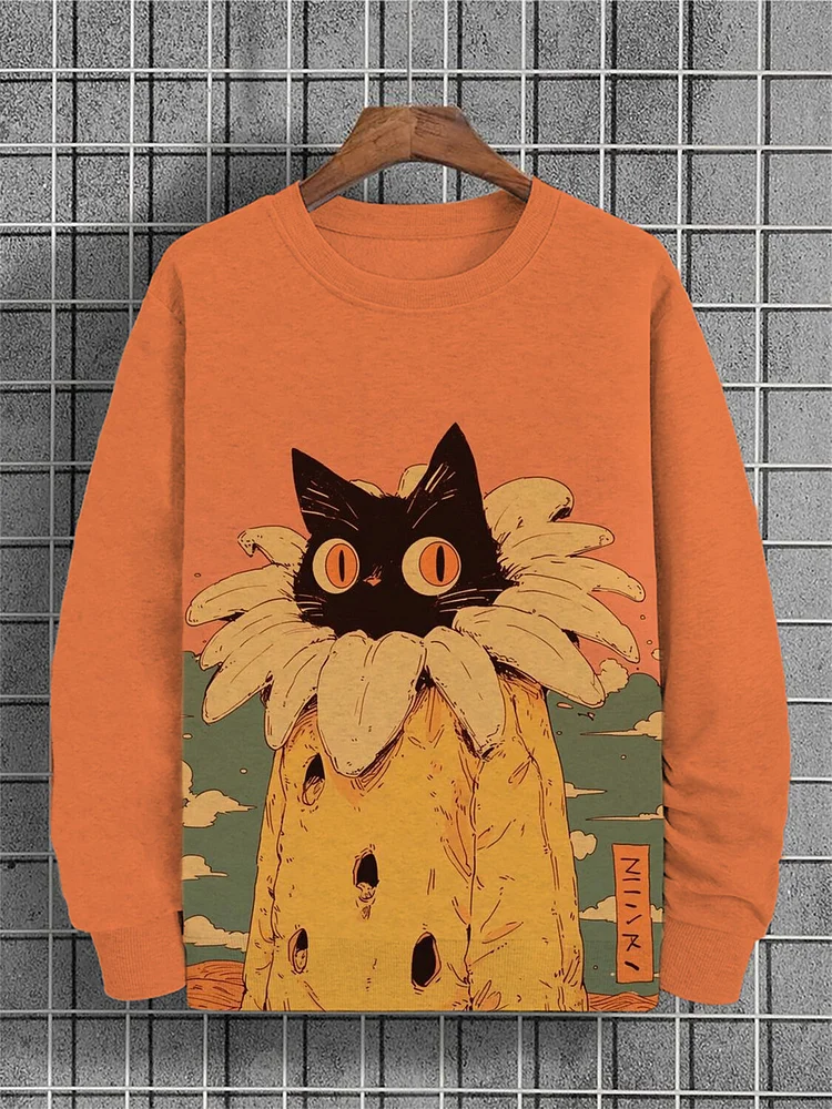 Men's Black Cat Wearing Floral Clothing Print Casual Sweatshirt