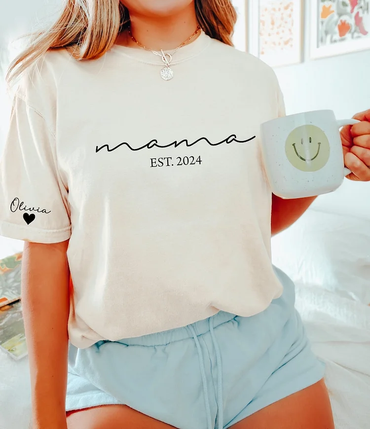 Custom Mama Shirt with Kid Name, Personalized Mom Shirt with Kids Names on Sleeve, Momma Tshirt, Mothers Day Gift for Her, New Mom Gift Est