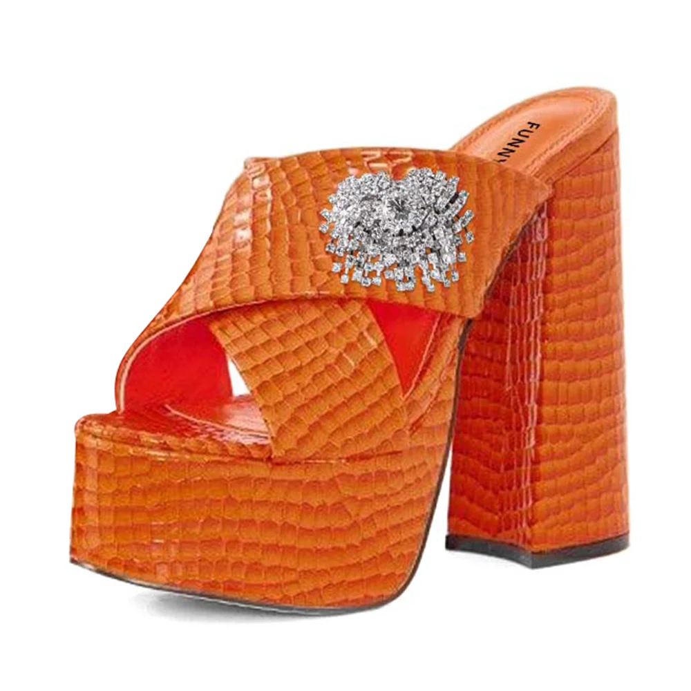 Orange  Leather Open Toe Chunky Heel Platform Sandals with Rhinestone Nicepairs