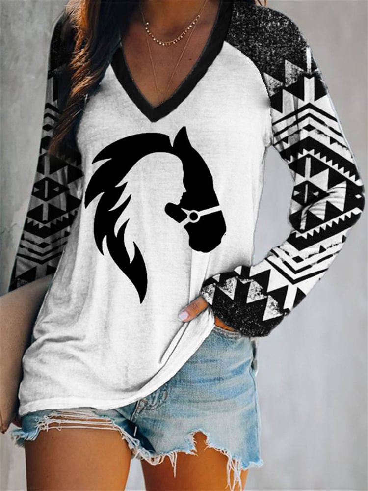 Vefave Horse Lover Cowgirl Aztec Patchwork T Shirt