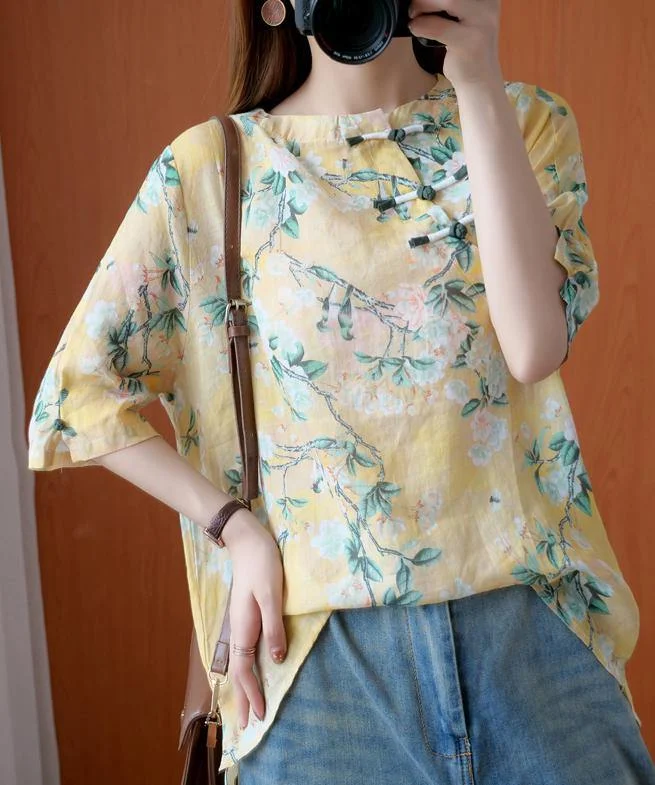 Natural yellow print tunic top o neck half sleeve Midi summer shirts