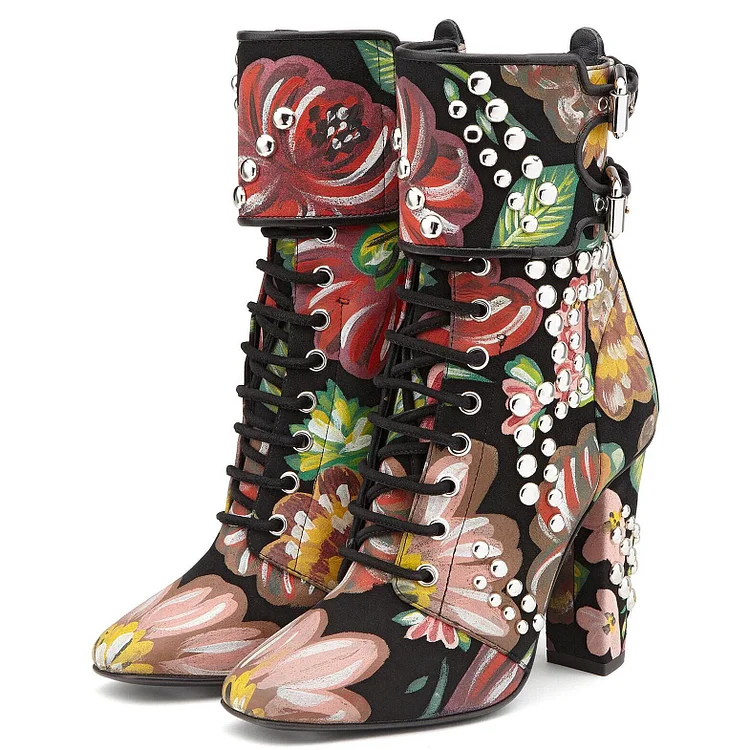 Multicolor Lace-Up Boots Floral and Stud Buckle Chunky Heel Booties |FSJ Shoes