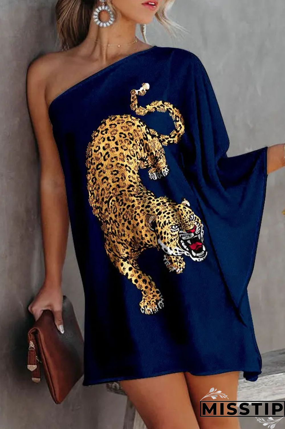 Tibetan Blue Casual Print Patchwork Asymmetrical Oblique Collar Dresses