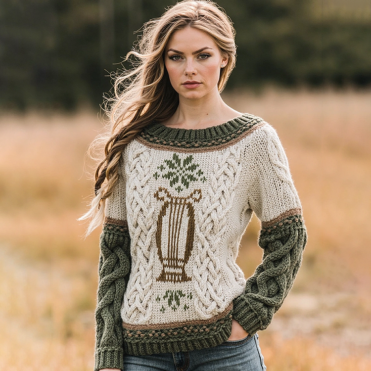 Women's Irish Celtic Knot Harp Jacquard Sweater