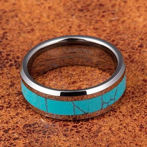 6MM 8MM Men's or Women's Blue Turquoise Inlay Silver Tone Tungsten Carbide Wedding Matching Rings