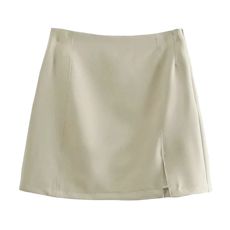TRAF Women Chic Fashion A Line Front Slit Mini Skirt Vintage High Waist Side Zipper Female Skirts Mujer