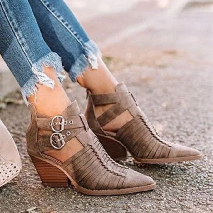 Brown braided pointed toe block heels booties Cutout buckle straps summer ankle boots for women