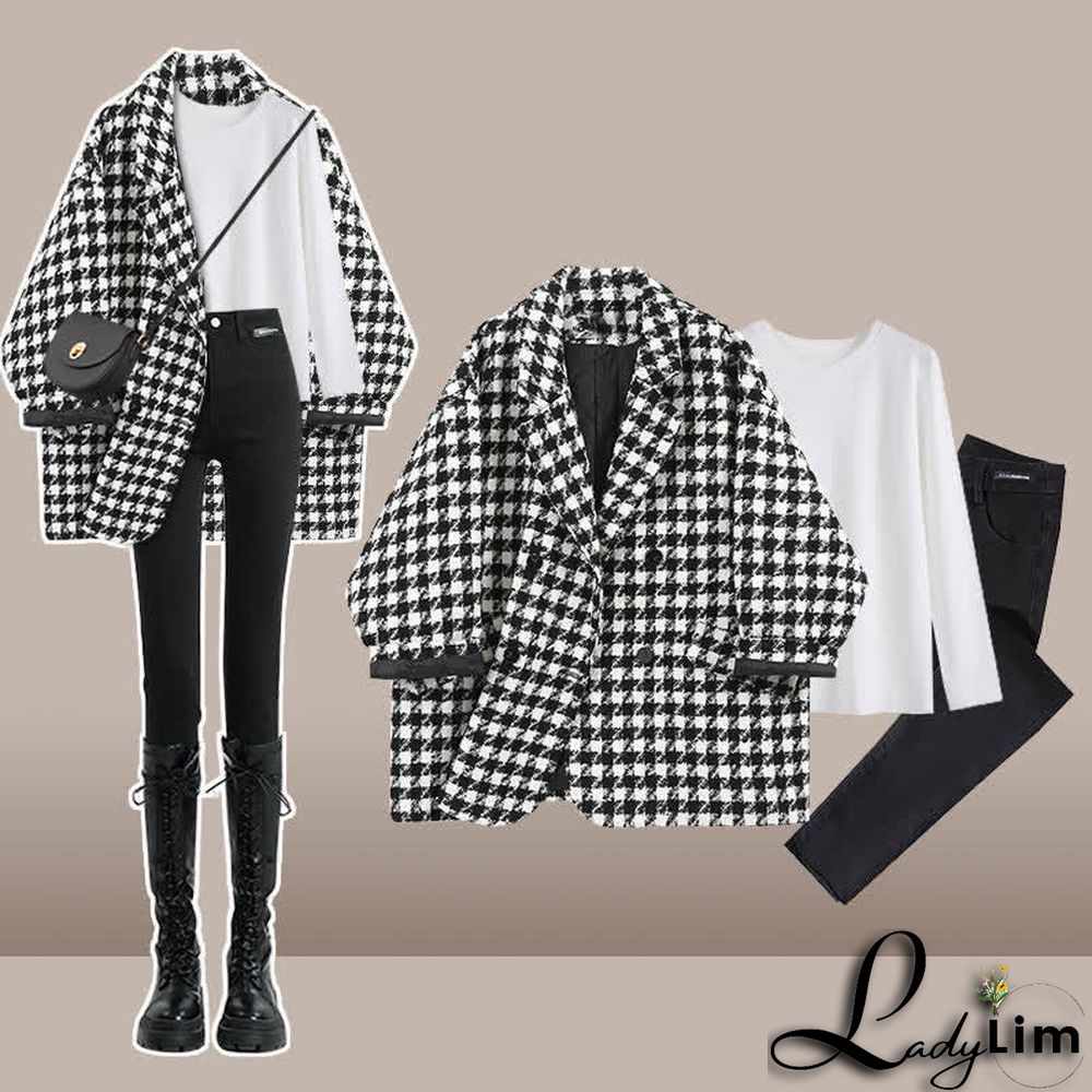 Chic Lattice Print Lapel Blazer T-Shirt High Waist Slim Denim Pants