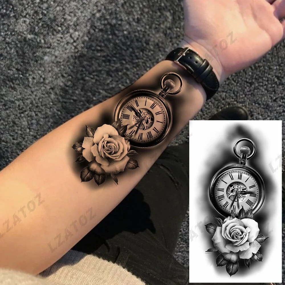 Sdrawing Rose Flower Temporary Tattoos For Woman Adults Realistic Compass Cross Fake Tatoos Sexy Waterproof Hand Tattoo Sticker