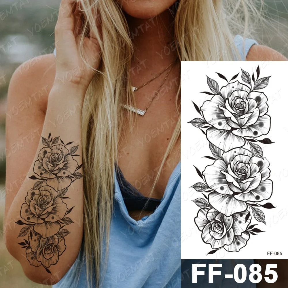 Waterproof Temporary Tattoo Stickers Peony Rose Flower Gun Flash Tattoos Female Black Sketch Body Art Arm Sexy Fake Tatto Male