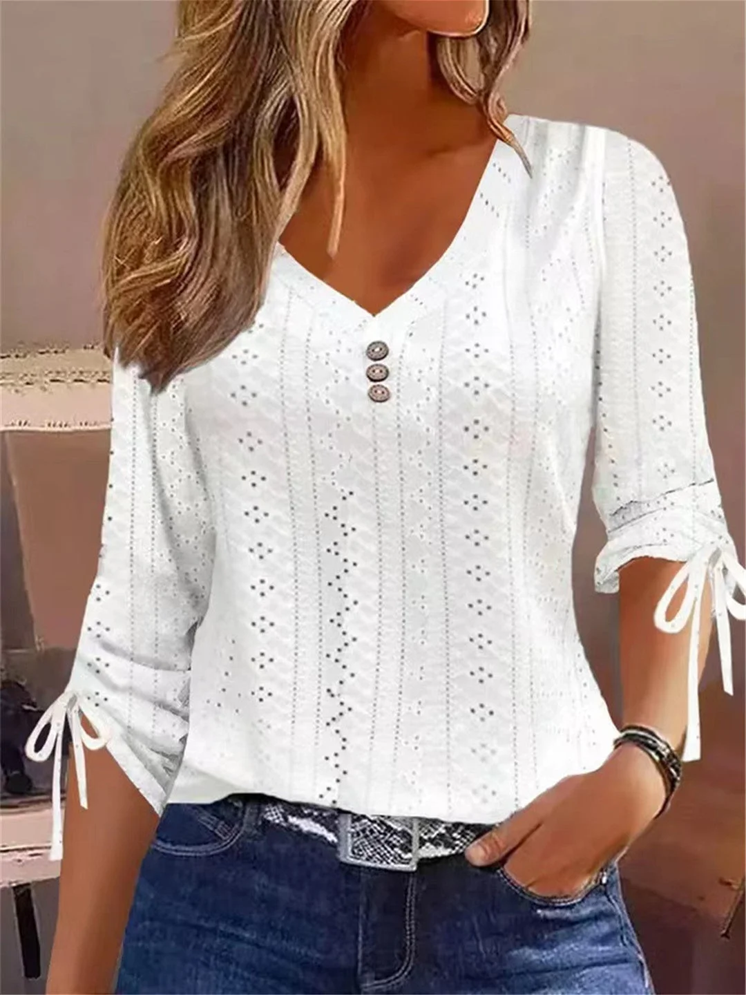 Women Long Sleeve V-neck Solid Color Buttons Tops