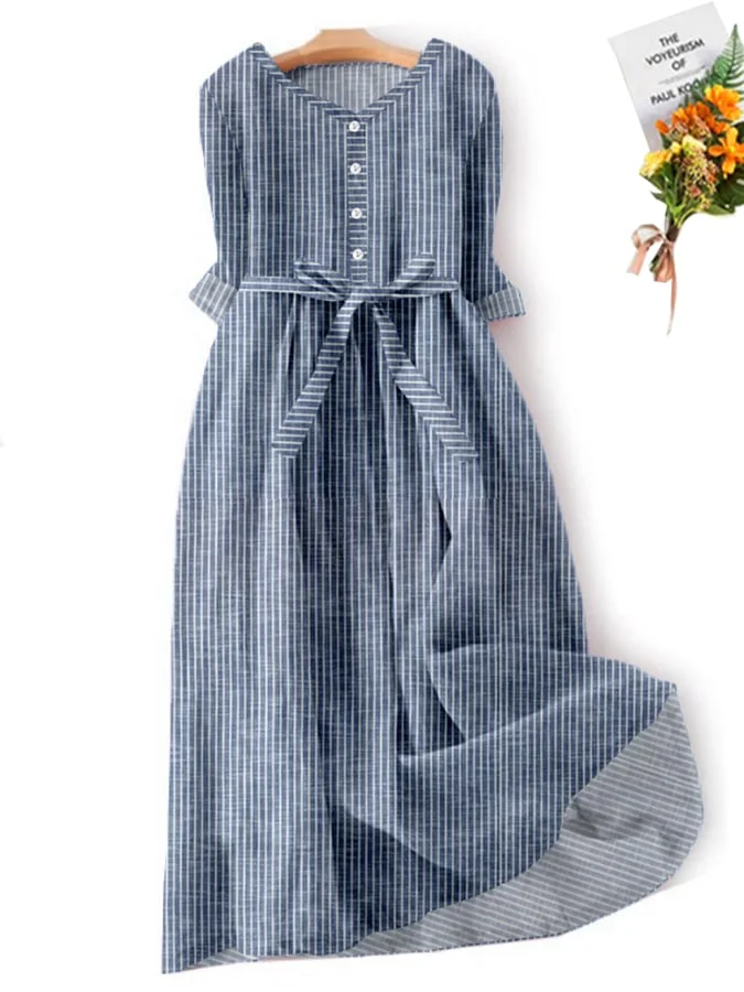 Women's Retro Striped Design Lace-Up Round Neck Dress
