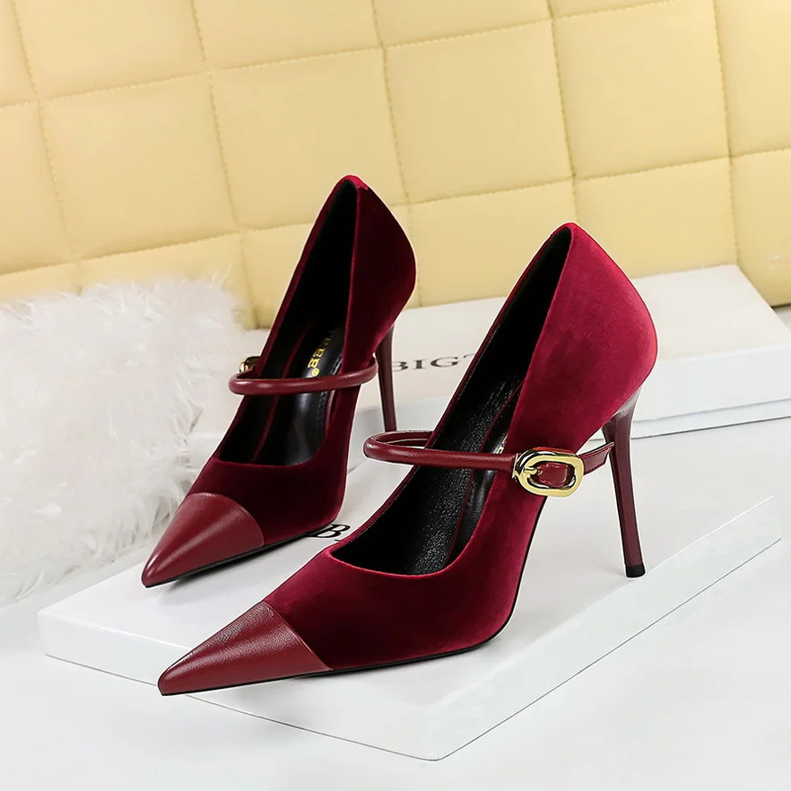 Colourp Colourp Banquet High Heels Fine Heel Shallow Pointed Top Xishi Suede Stitching Pointed Metal Buckle One Word Strip Single Shoe