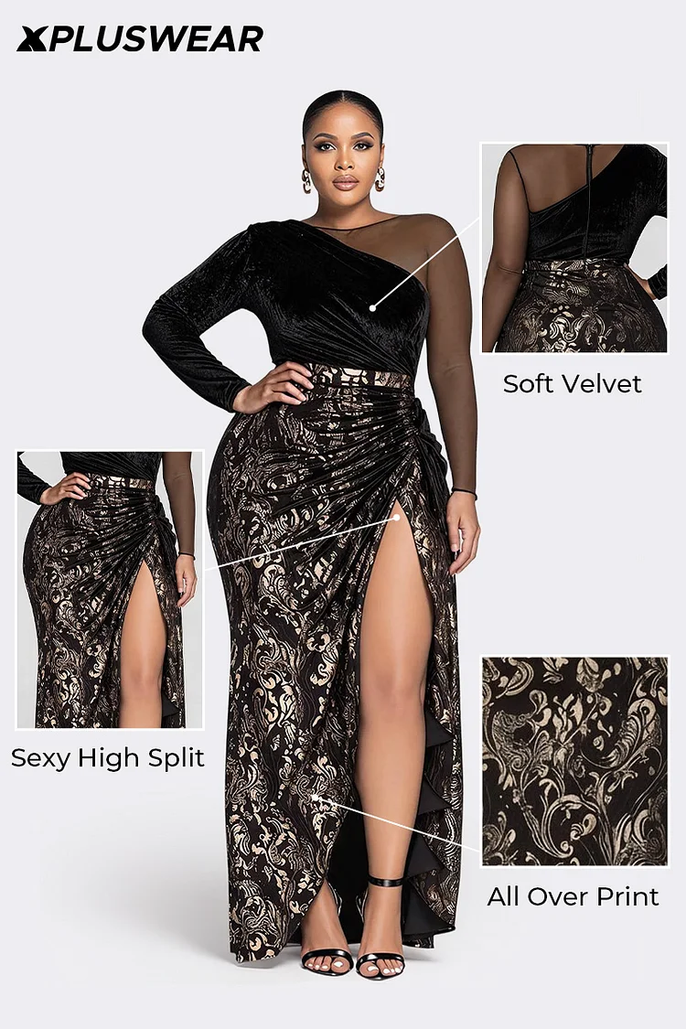 Xpluswear Design Plus Size Formal Black All Over Print Round Neck Long Sleeve Contrast Elegant Split Velvet Maxi Dresses [Pre-Order]