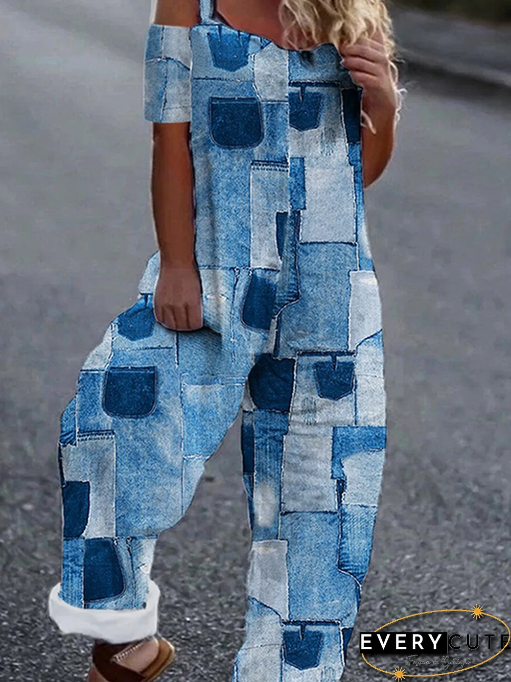 Geometric Casual Summer Square neck Lightweight No Elasticity Daily Loose H-Line Jumpsuit & Romper for Women