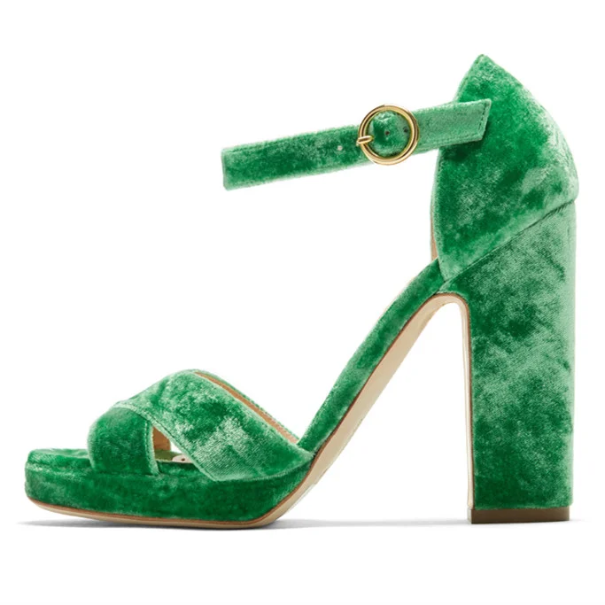 Green Velvet Chunky Heel Strappy Sandals - Open Toe Vdcoo