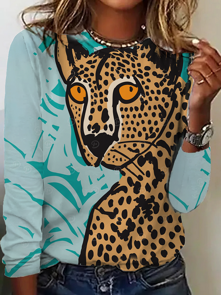 Women's Round Neck Jungle Animal Leopard Print Long Sleeve T-Shirt socialshop