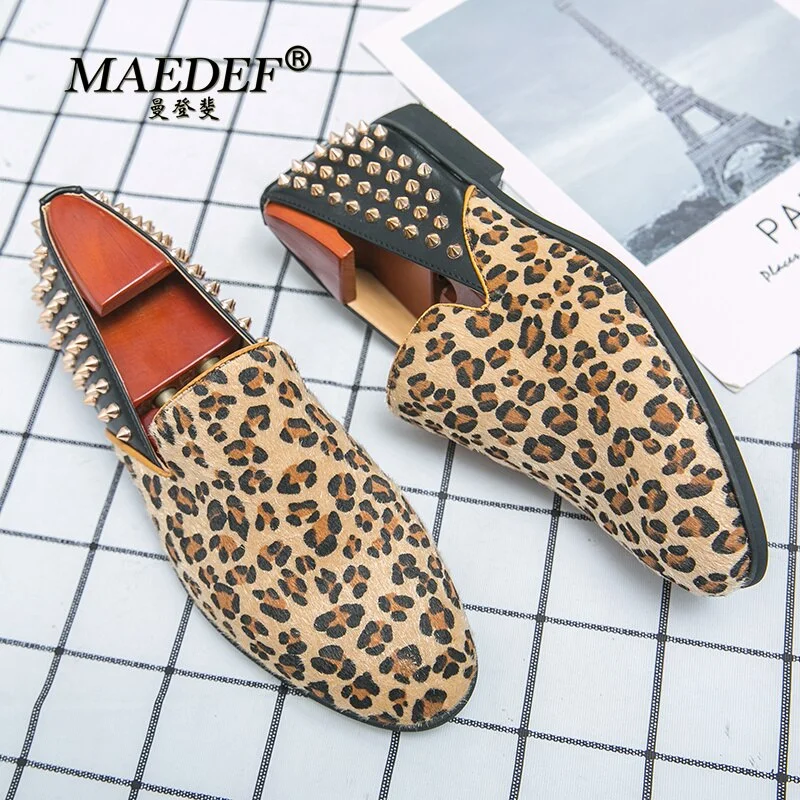 2021 New Rivet Leopard Print Fashion Casual Men Loafers Suede Leather Shoes Party Dress Slip on Comfortable Shoes