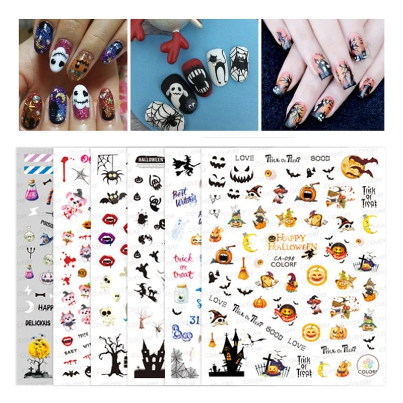 1 Sheet 3D Halloween Nail Sticker Christmas Skull Bone Snake Butterfly Maple Leaf Pattern Decals Manicures 3D Nail Decorations