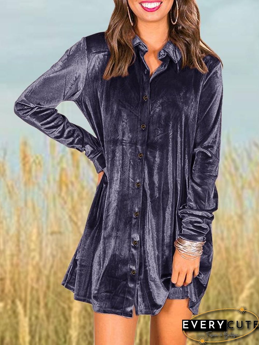 Leisure Style Velvet Short Shirt Dress