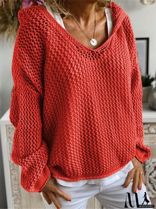 MidiSono - Openwork Hooded Long Sleeve Sweater