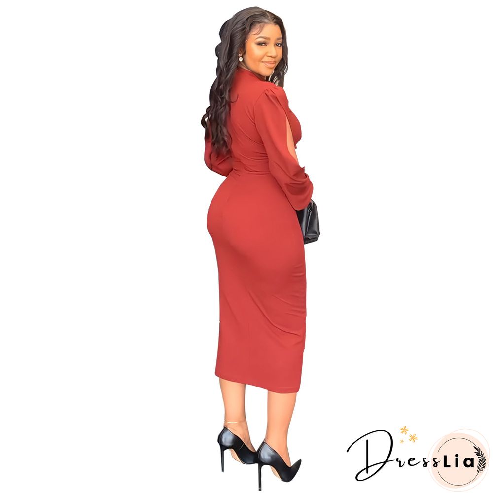 Elegant Solid Lantern Sleeve Maxi Pencil Dress