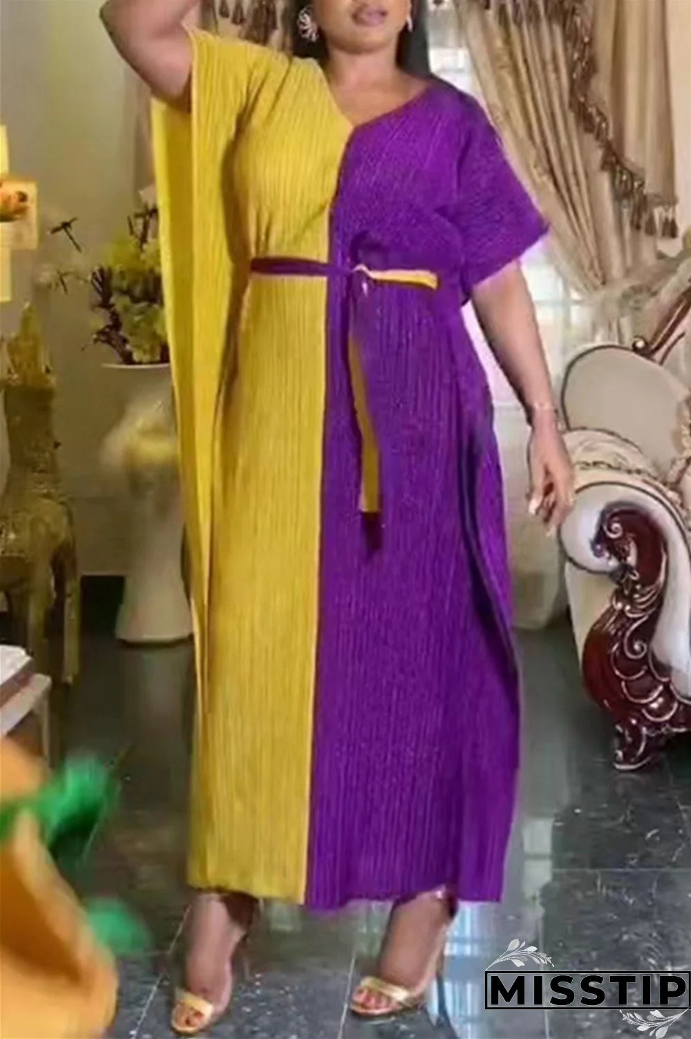 Green Casual Solid Patchwork V Neck Long Dress Dresses